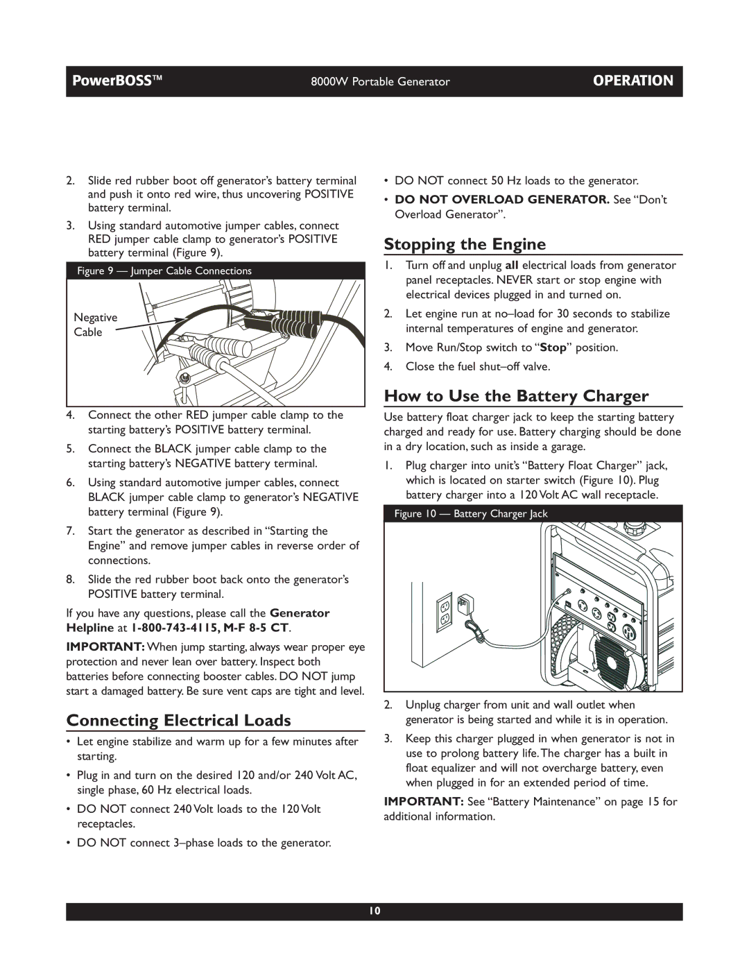 Briggs & Stratton 30228 owner manual Connecting Electrical Loads, Stopping the Engine, How to Use the Battery Charger 