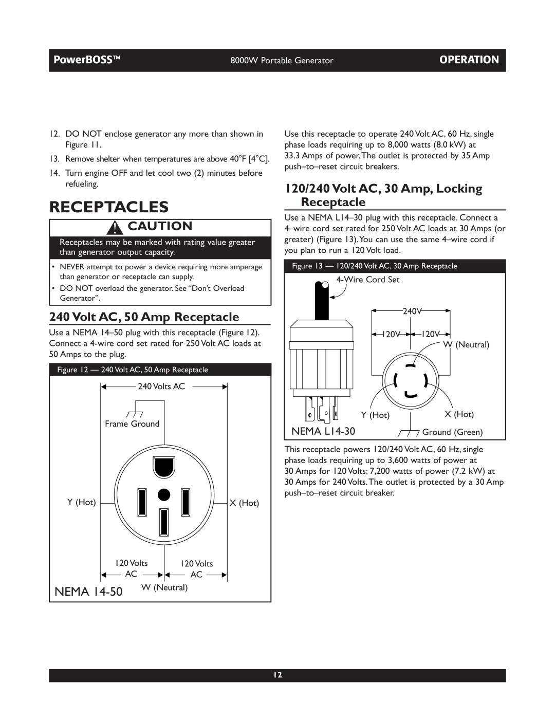 Briggs & Stratton 30228 owner manual Receptacles, Volt AC, 50 Amp Receptacle, 120/240 Volt AC, 30 Amp, Locking Receptacle 