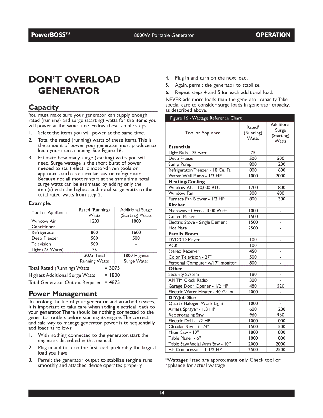 Briggs & Stratton 30228 owner manual DON’T Overload Generator, Capacity, Power Management 