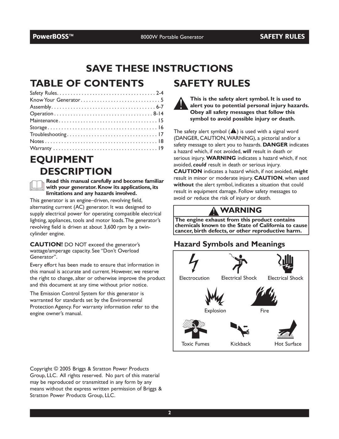 Briggs & Stratton 30228 owner manual Table of Contents, Equipment Description, Safety Rules 