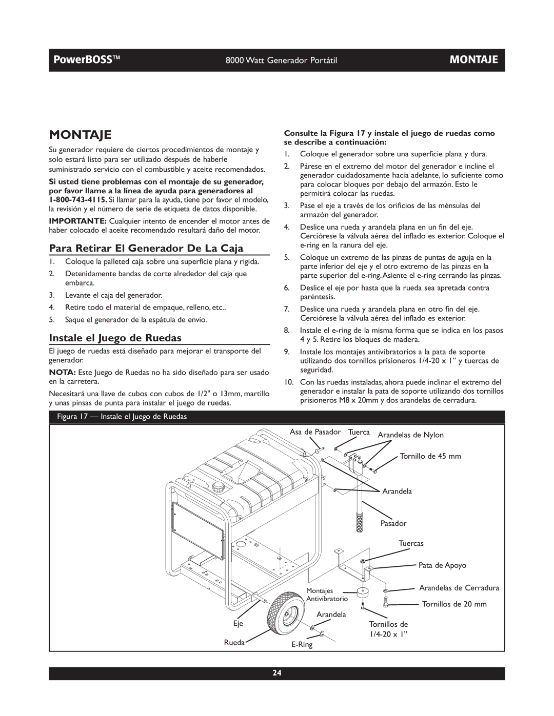 Briggs & Stratton 30228 owner manual Montaje, Para Retirar El Generador De La Caja, Instale el Juego de Ruedas 