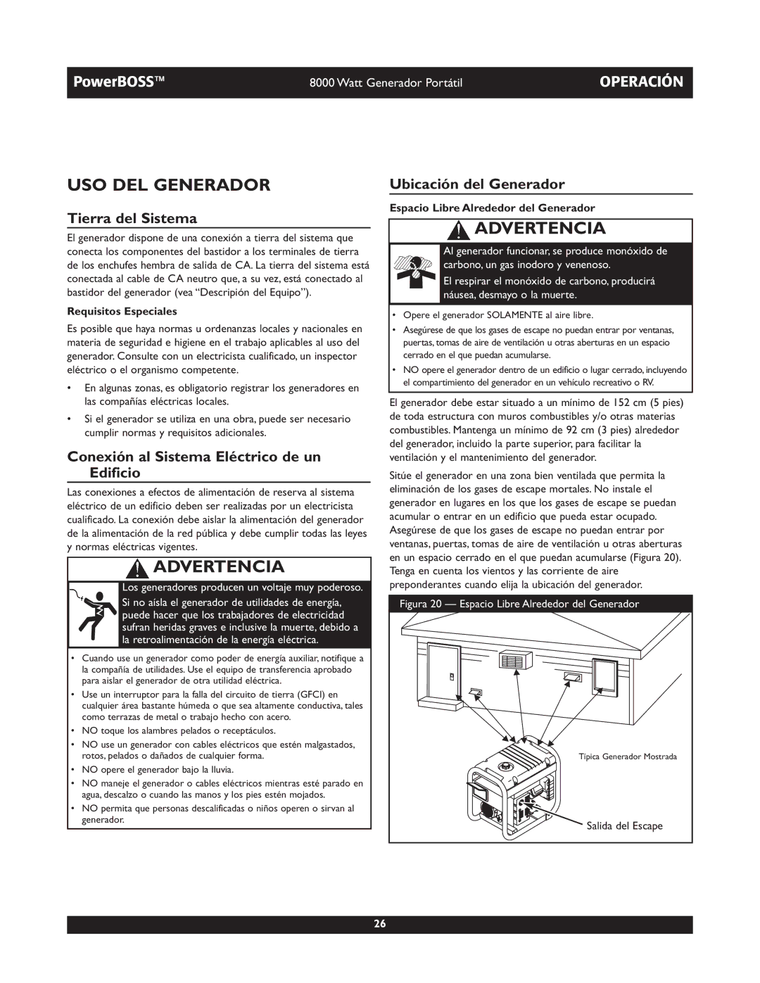 Briggs & Stratton 30228 owner manual USO DEL Generador, Tierra del Sistema, Conexión al Sistema Eléctrico de un Edificio 