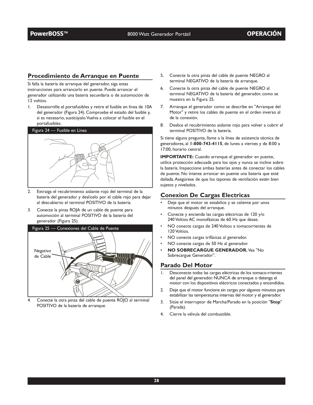 Briggs & Stratton 30228 owner manual Procedimiento de Arranque en Puente, Conexion De Cargas Electricas, Parado Del Motor 