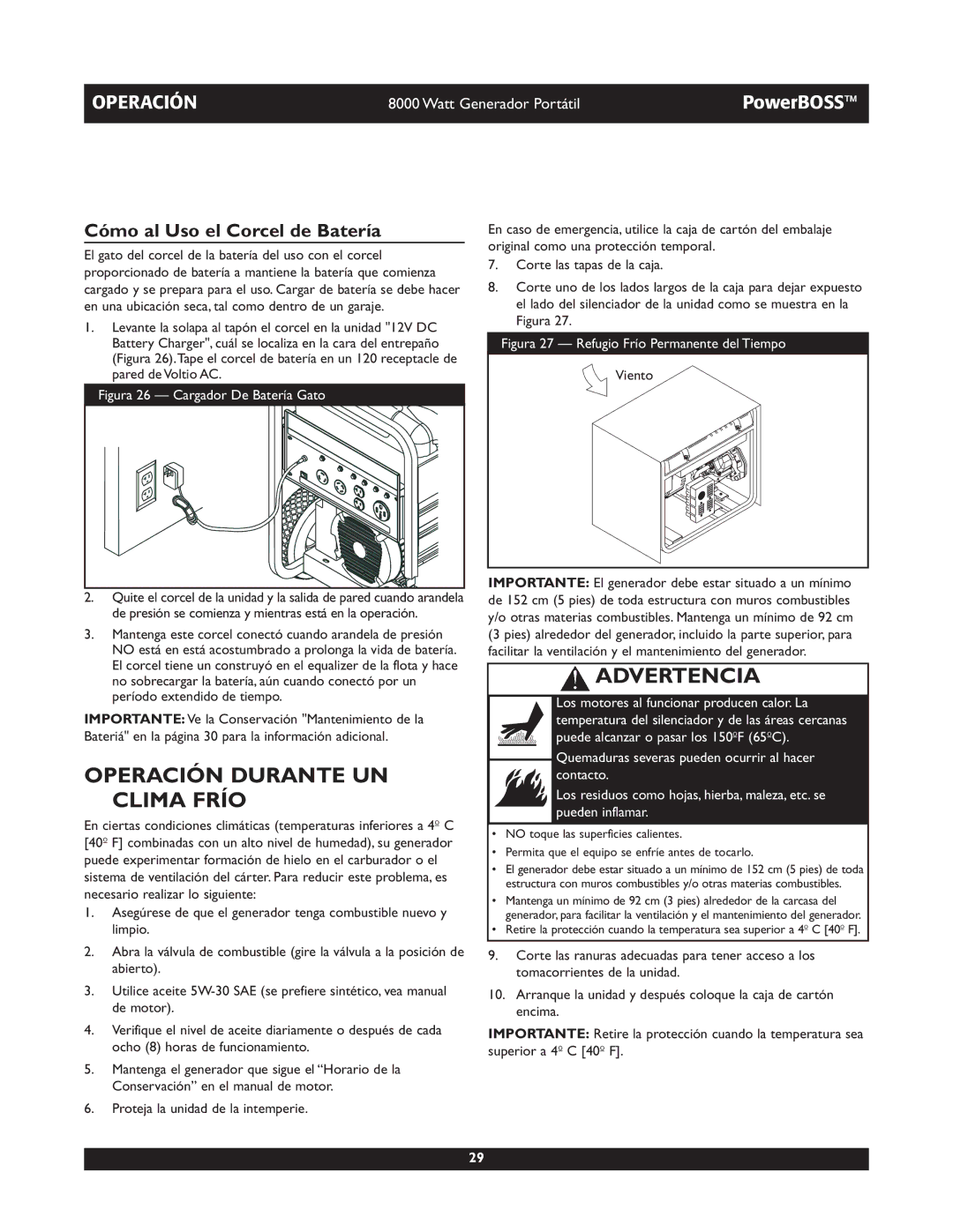 Briggs & Stratton 30228 owner manual Operación Durante UN Clima Frío, Cómo al Uso el Corcel de Batería 