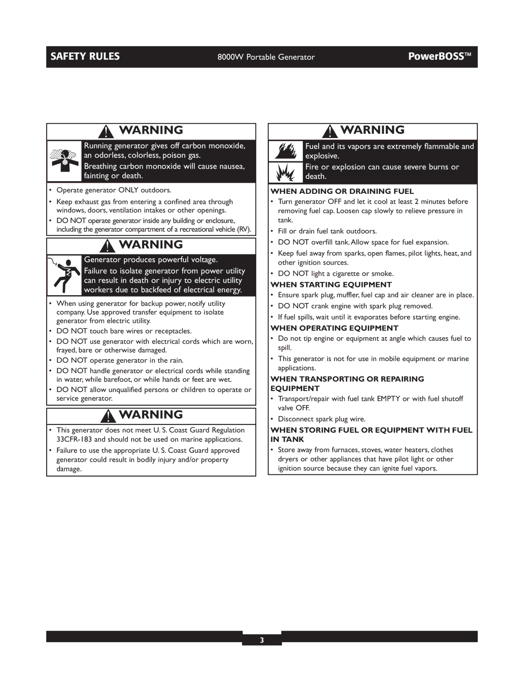 Briggs & Stratton 30228 owner manual When Adding or Draining Fuel, When Starting Equipment, When Operating Equipment 