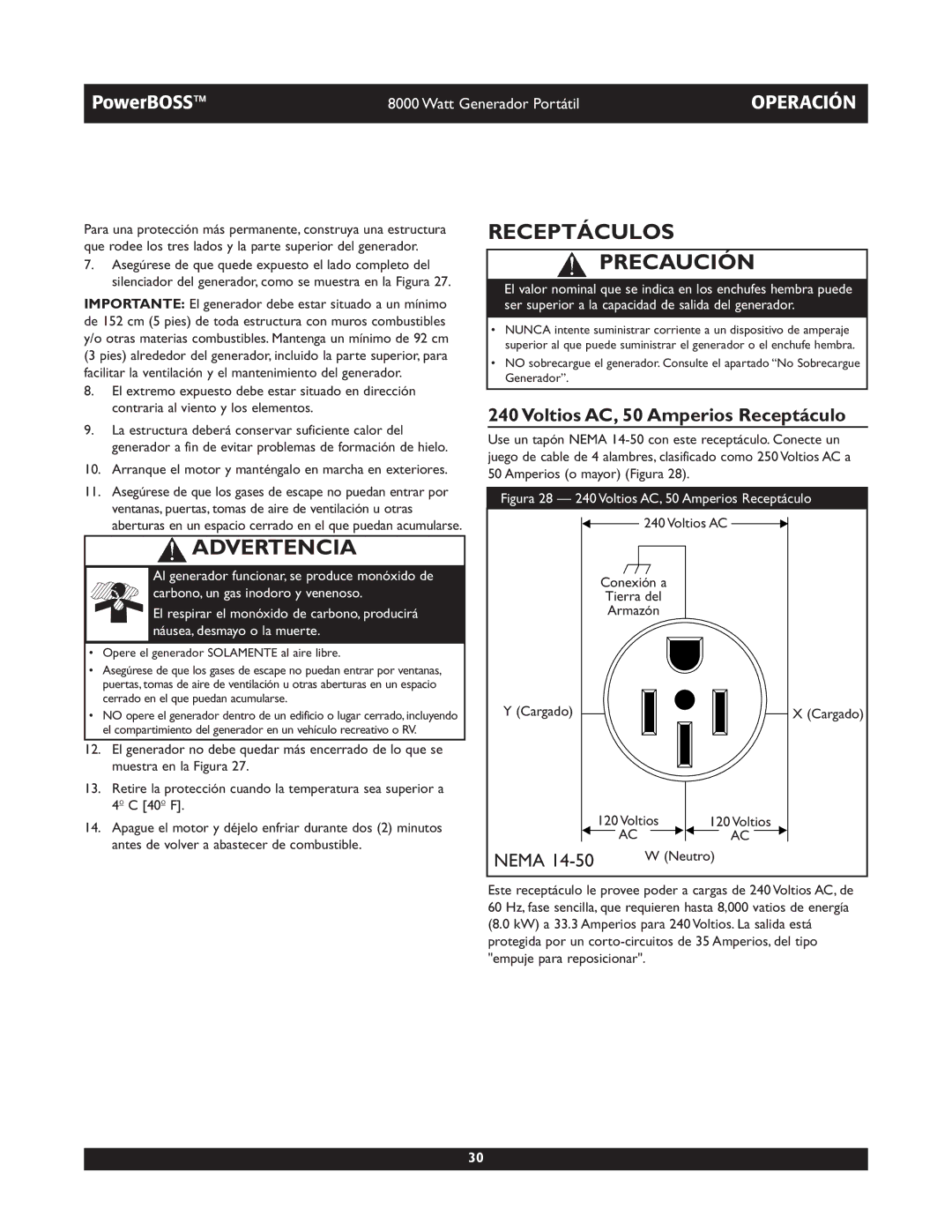 Briggs & Stratton 30228 owner manual Receptáculos Precaución, Voltios AC, 50 Amperios Receptáculo 