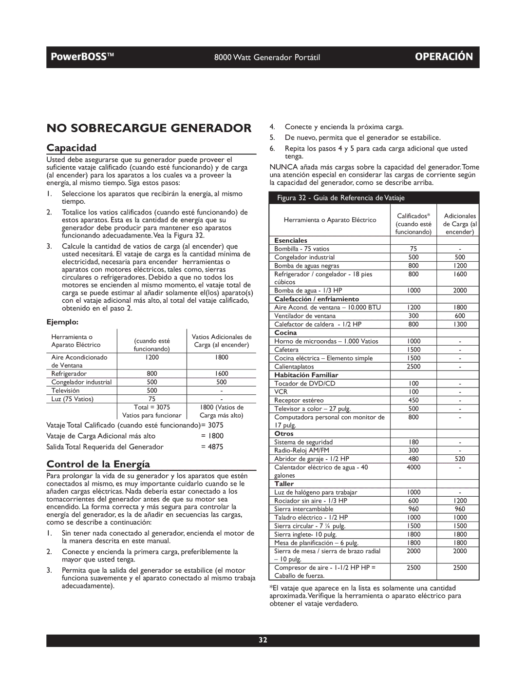 Briggs & Stratton 30228 owner manual No Sobrecargue Generador, Capacidad, Control de la Energía, Ejemplo 