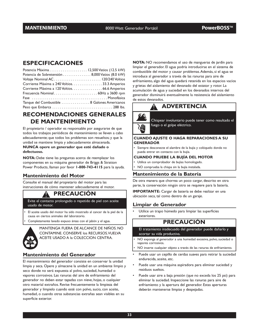 Briggs & Stratton 30228 owner manual Especificaciones, Recomendaciones Generales DE Mantenimiento 