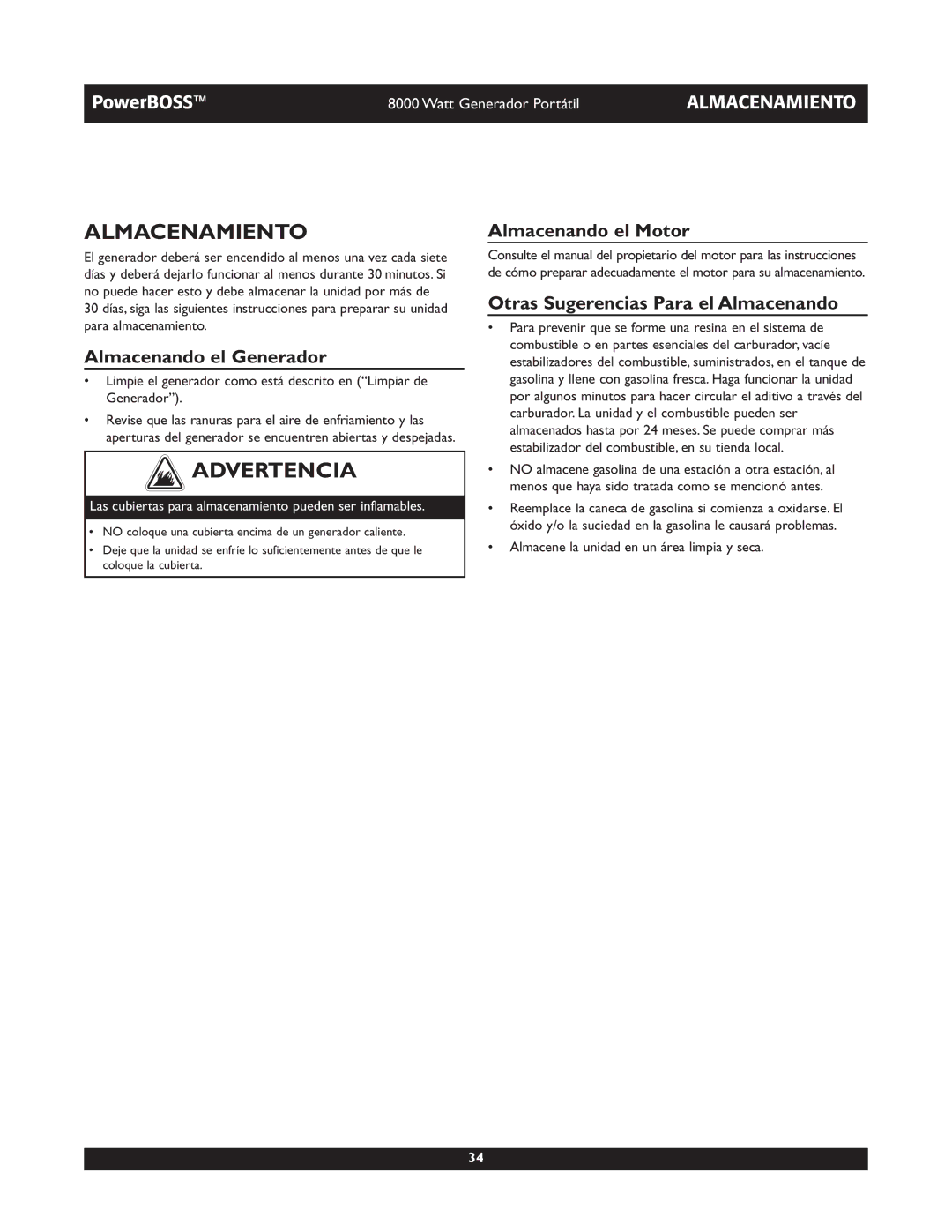 Briggs & Stratton 30228 owner manual Almacenamiento, Almacenando el Generador, Almacenando el Motor 