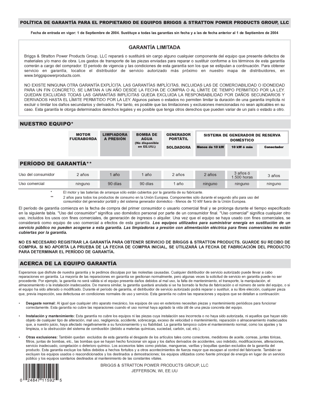 Briggs & Stratton 30228 owner manual Garantía Limitada 