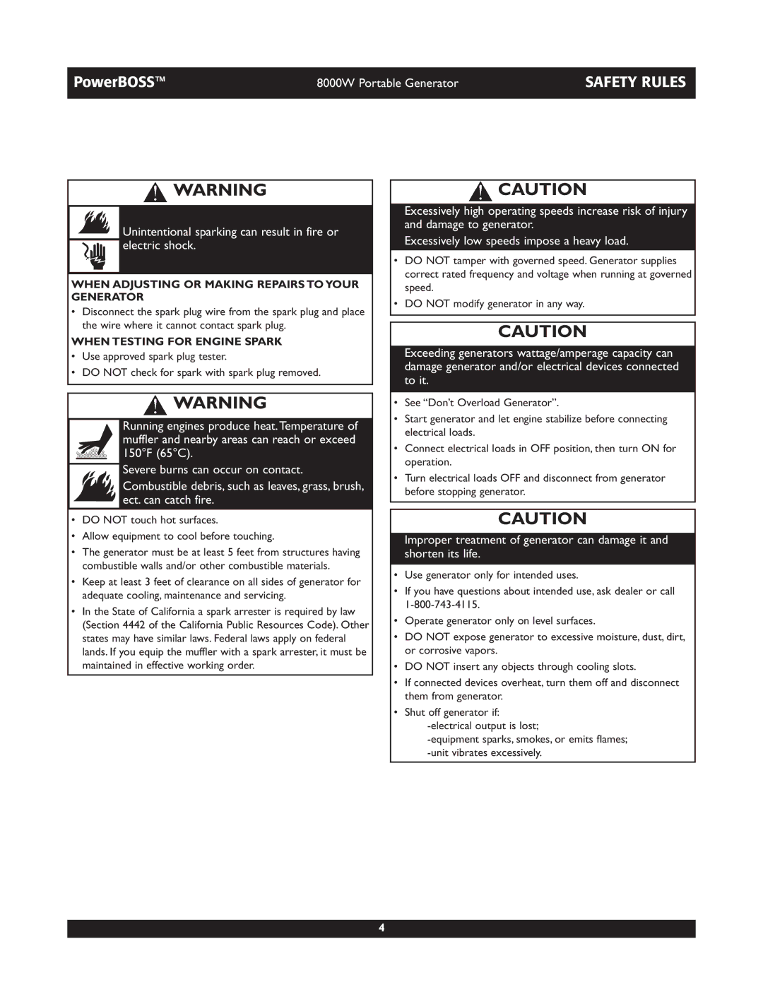 Briggs & Stratton 30228 owner manual When Adjusting or Making Repairs to Your Generator, When Testing for Engine Spark 