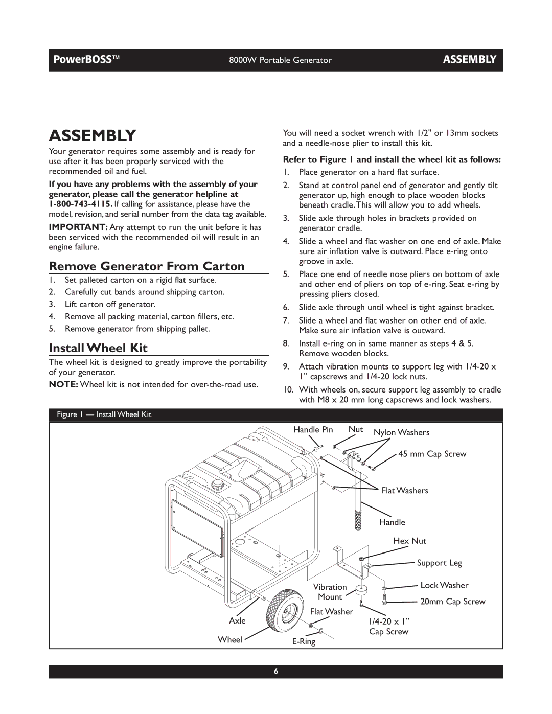 Briggs & Stratton 30228 owner manual Assembly, Remove Generator From Carton, Install Wheel Kit 