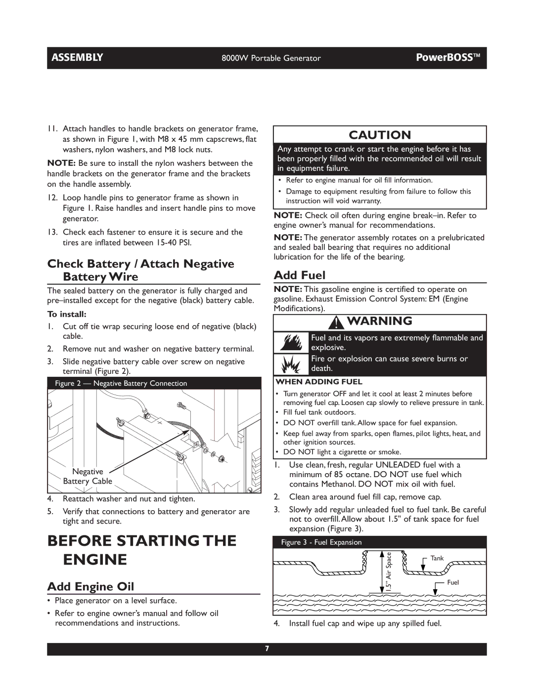 Briggs & Stratton 30228 Before Starting the Engine, Check Battery / Attach Negative Battery Wire, Add Fuel, Add Engine Oil 