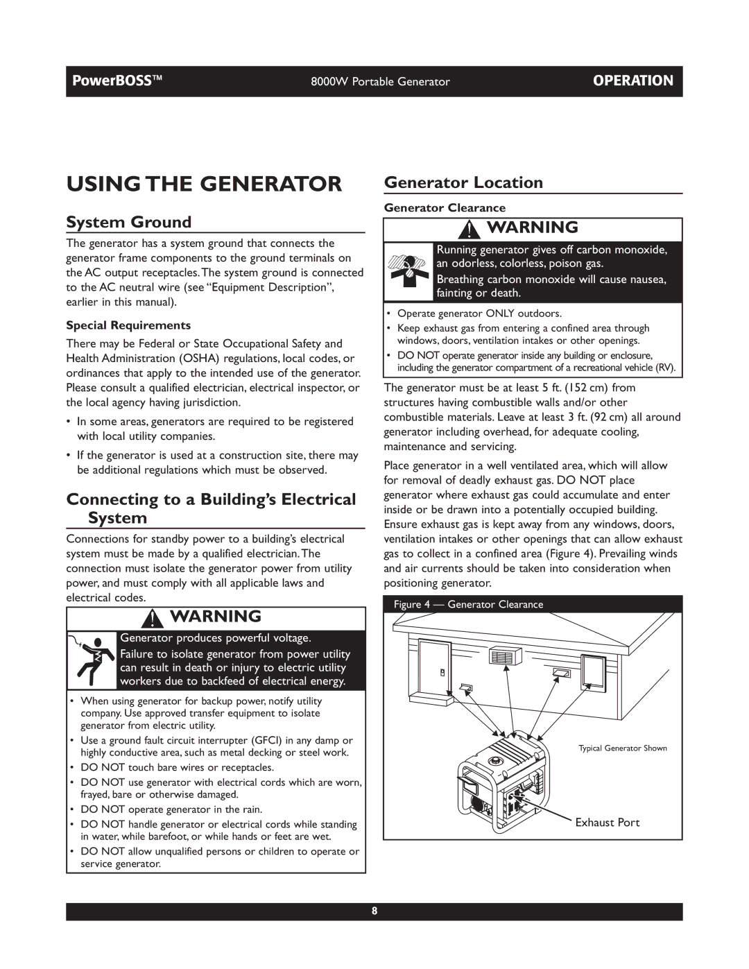 Briggs & Stratton 30228 owner manual Using the Generator, System Ground, Connecting to a Building’s Electrical System 