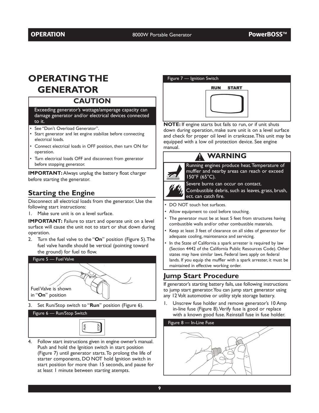 Briggs & Stratton 30228 owner manual Operating Generator, Starting the Engine, Jump Start Procedure 