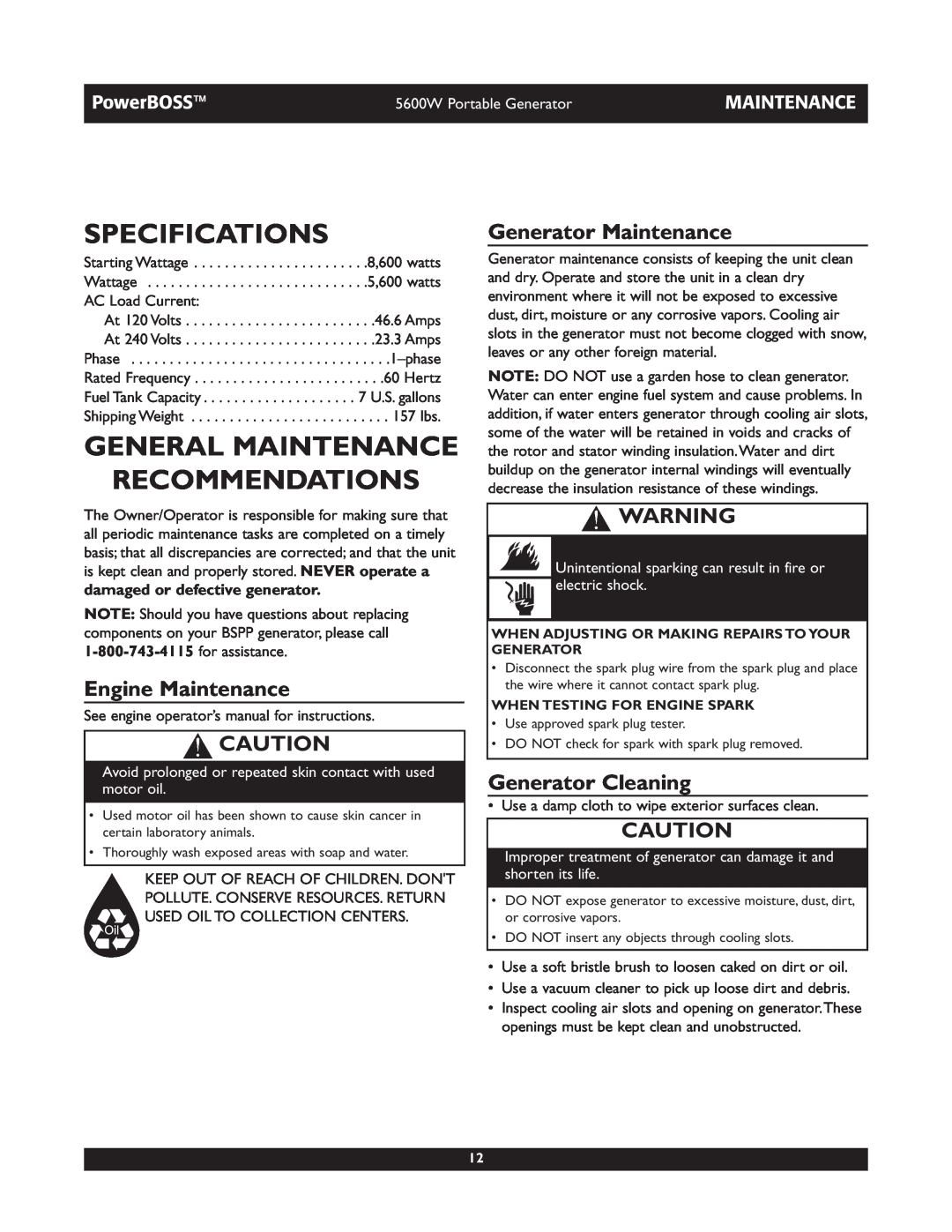 Briggs & Stratton 30230 Specifications, General Maintenance Recommendations, Engine Maintenance, Generator Maintenance 