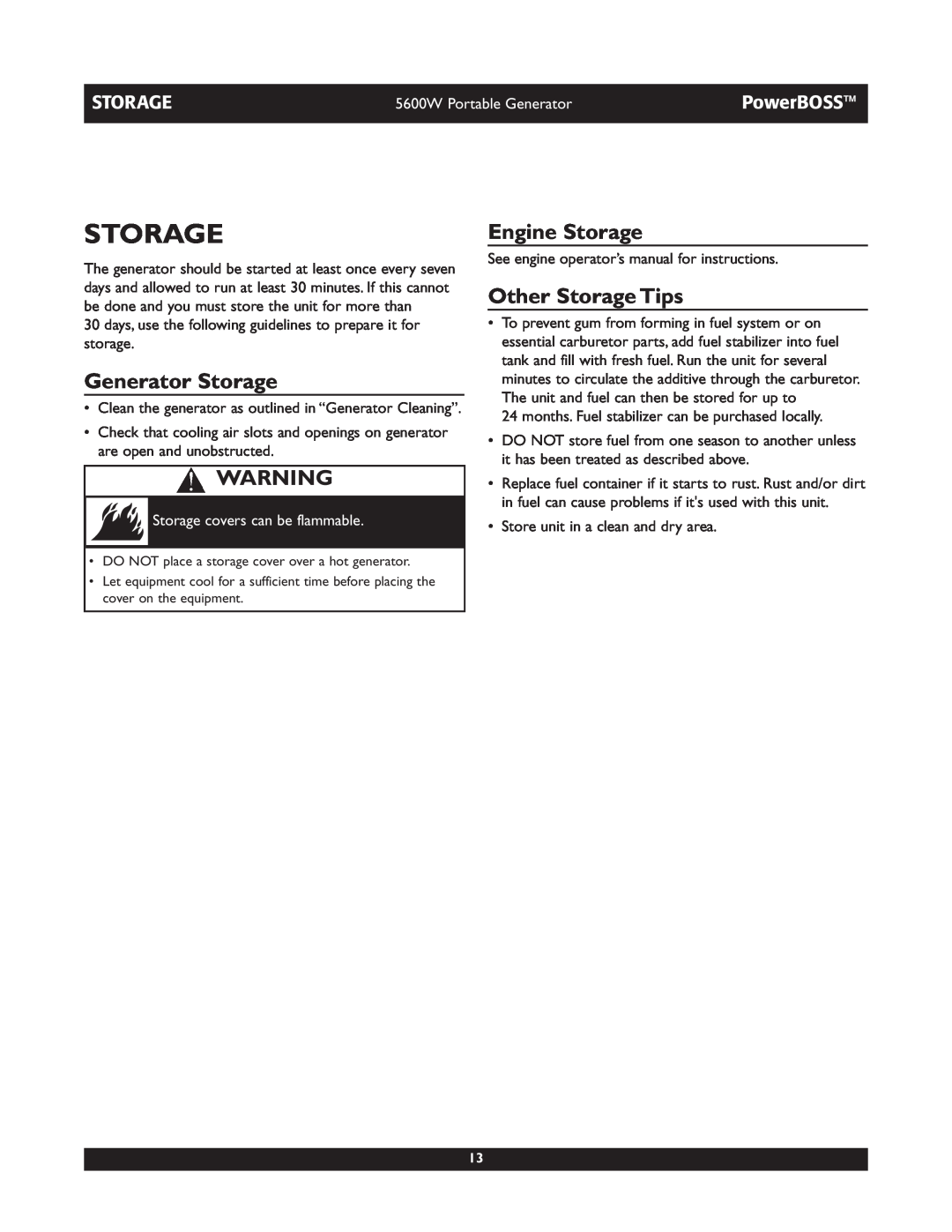 Briggs & Stratton 30230 manual Generator Storage, Engine Storage, Other Storage Tips, Storage covers can be flammable 
