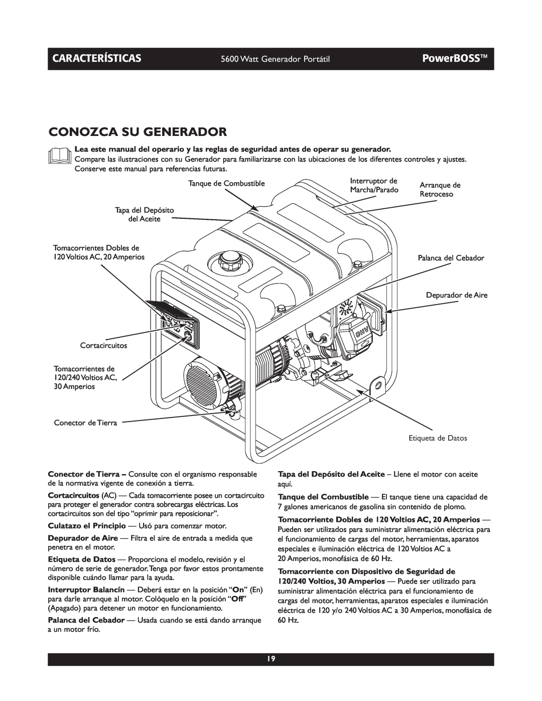Briggs & Stratton 30230 manual Conozca Su Generador, Características, PowerBOSS, Watt Generador Portátil 