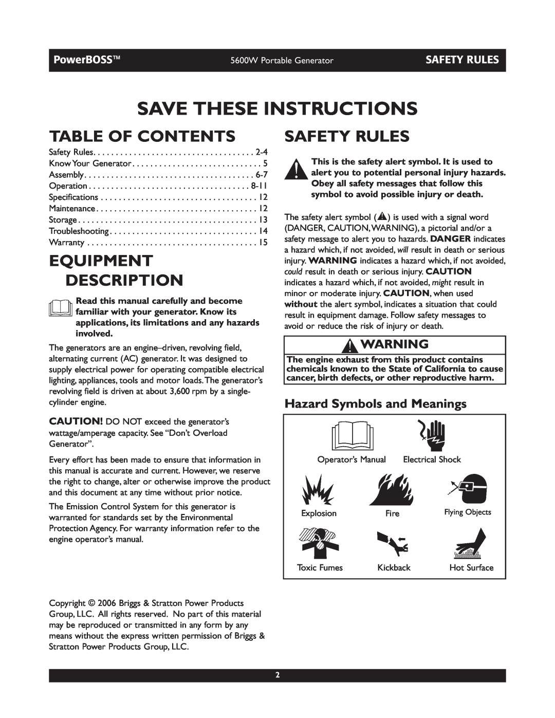 Briggs & Stratton 30230 Table Of Contents, Equipment Description, Safety Rules, Hazard Symbols and Meanings, PowerBOSS 