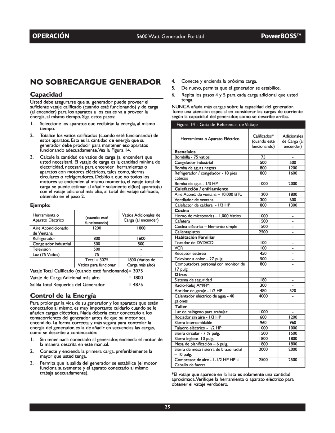 Briggs & Stratton 30230 manual No Sobrecargue Generador, Capacidad, Control de la Energía, Operación, PowerBOSS, Ejemplo 
