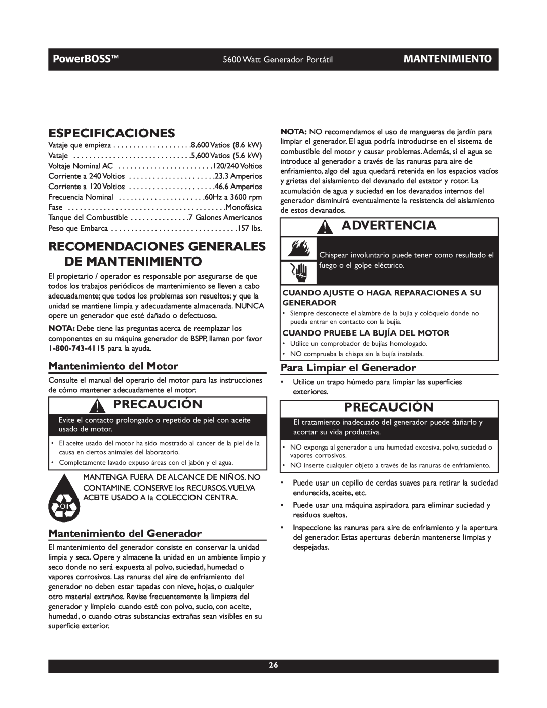 Briggs & Stratton 30230 Especificaciones, Recomendaciones Generales De Mantenimiento, Mantenimiento del Motor, Advertencia 
