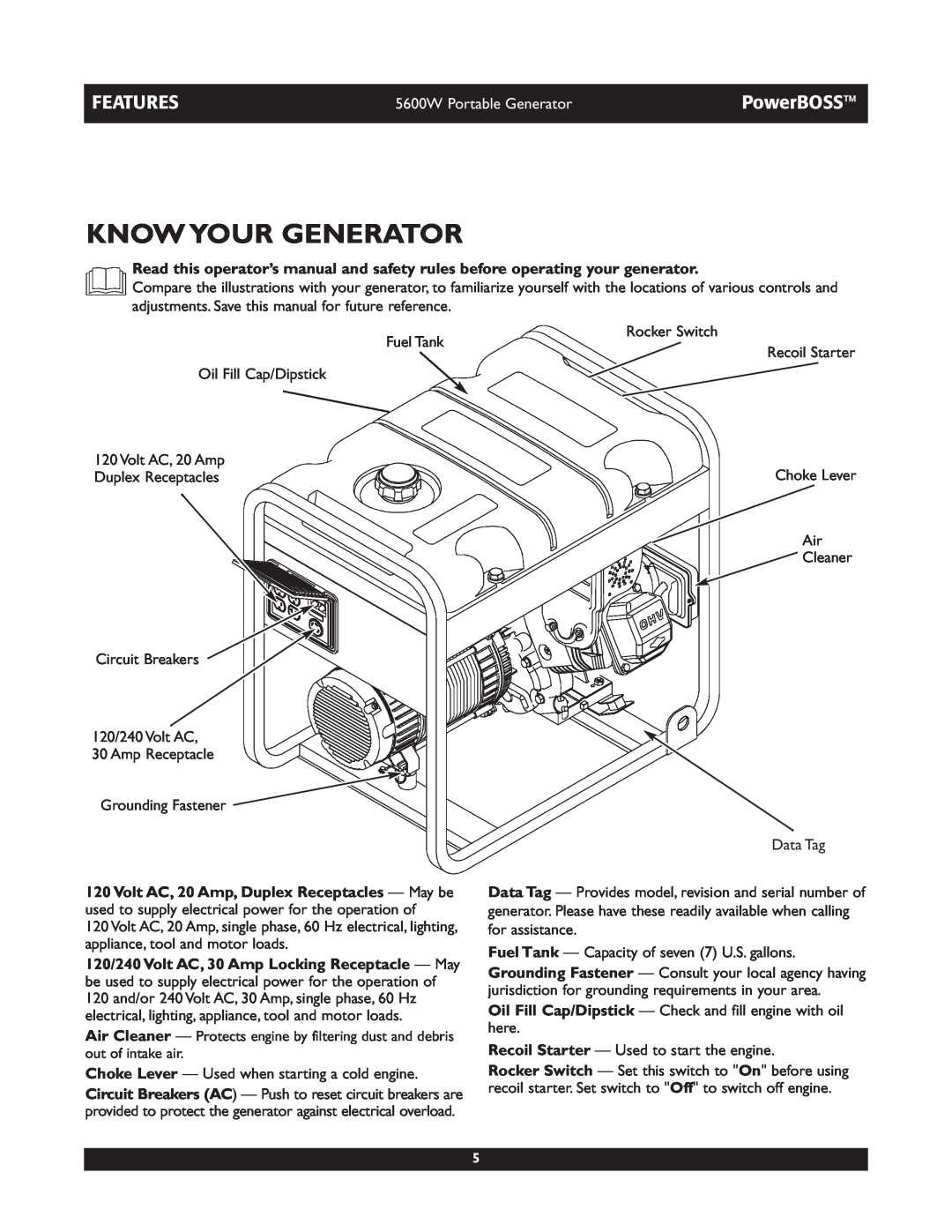Briggs & Stratton 30230 manual Know Your Generator, Features, PowerBOSS, 5600W Portable Generator 
