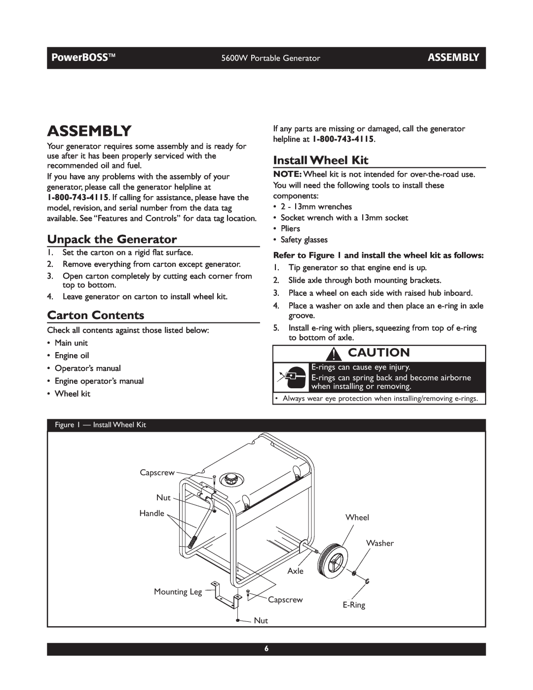 Briggs & Stratton 30230 Assembly, Unpack the Generator, Carton Contents, Install Wheel Kit, E-rings can cause eye injury 