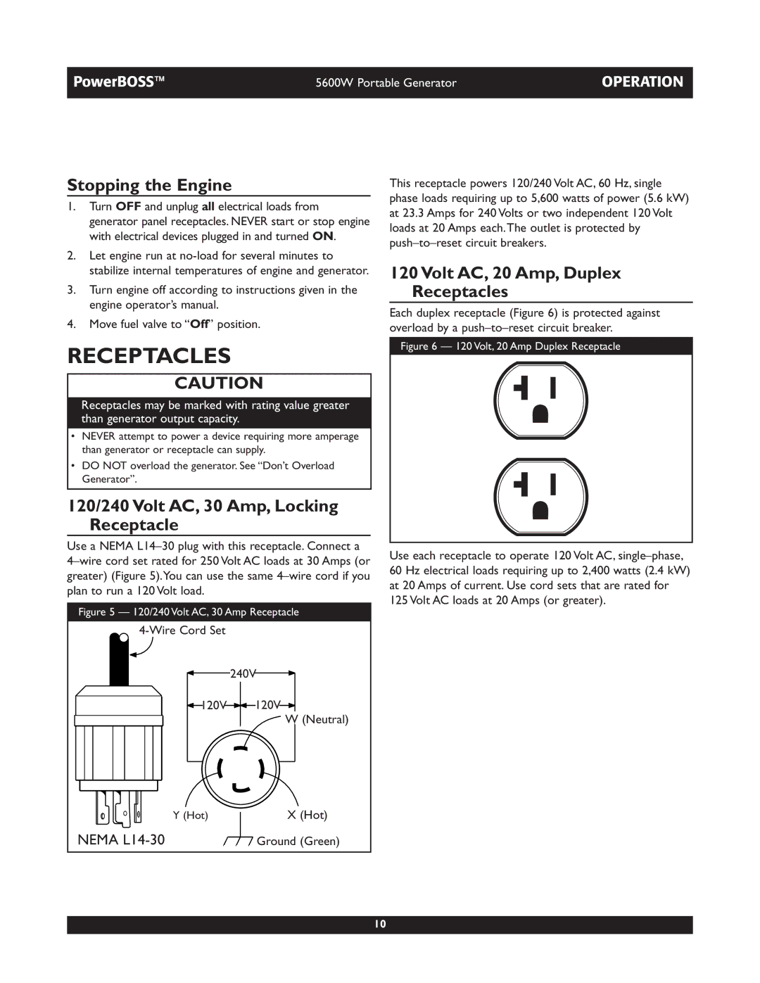 Briggs & Stratton 30230 manual Receptacles, Stopping the Engine, 120/240 Volt AC, 30 Amp, Locking Receptacle 