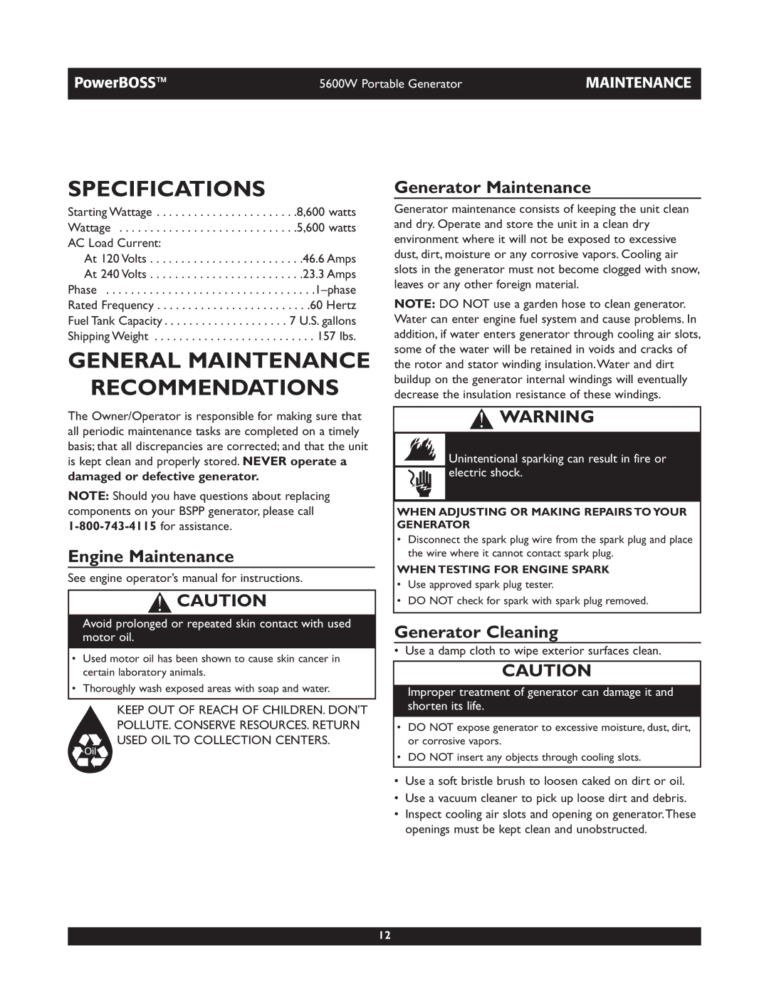 Briggs & Stratton 30230 Specifications, General Maintenance Recommendations, Engine Maintenance, Generator Maintenance 