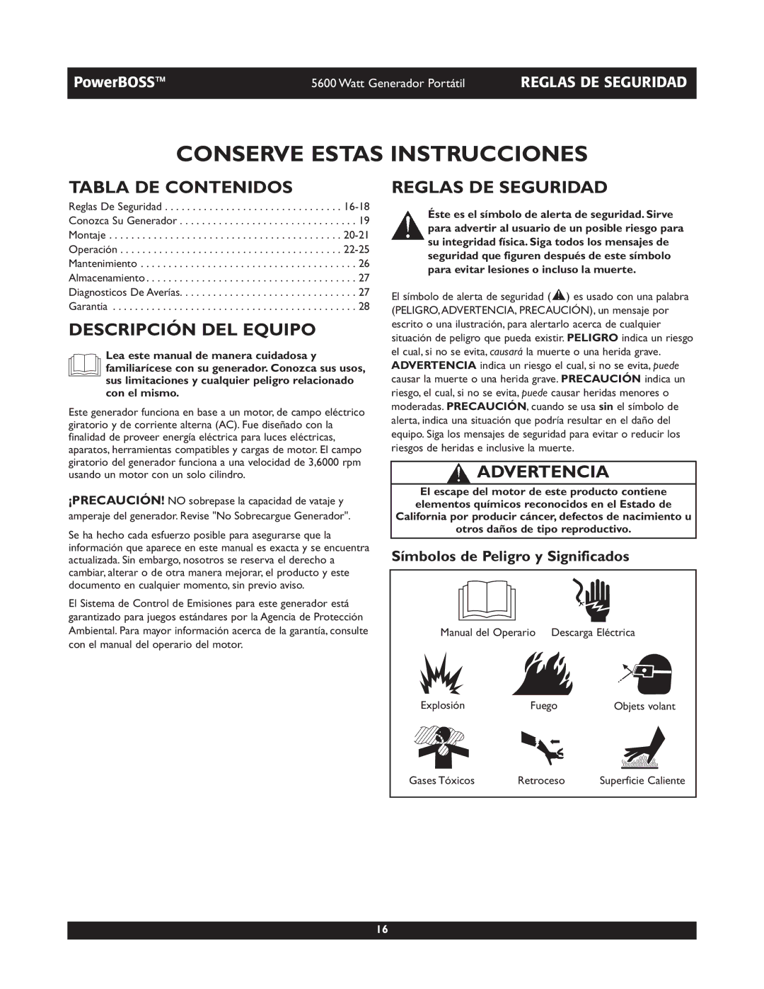 Briggs & Stratton 30230 Conserve Estas Instrucciones, Tabla DE Contenidos, Descripción DEL Equipo, Reglas DE Seguridad 