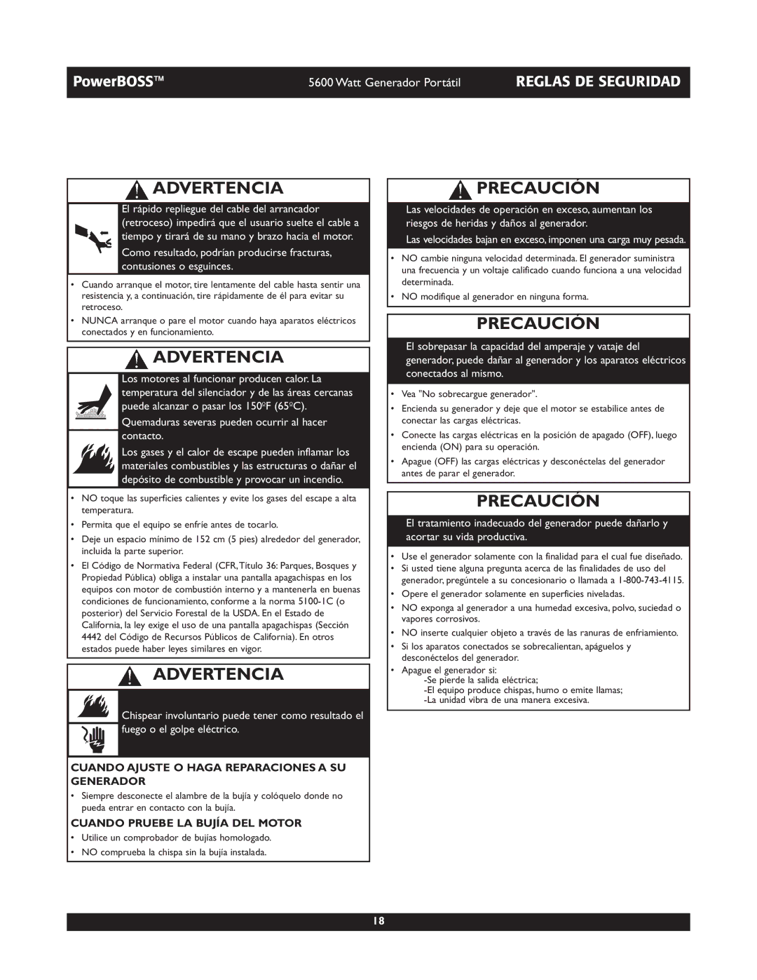 Briggs & Stratton 30230 Precaución, Cuando Ajuste O Haga Reparaciones a SU Generador, Cuando Pruebe LA Bujía DEL Motor 