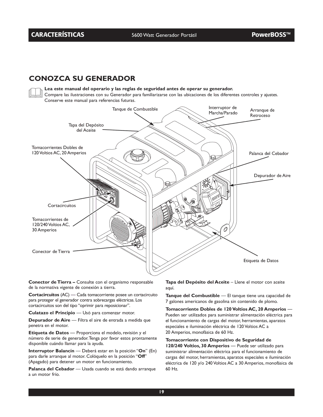 Briggs & Stratton 30230 manual Conozca SU Generador, Tapa del Depósito del Aceite Llene el motor con aceite 