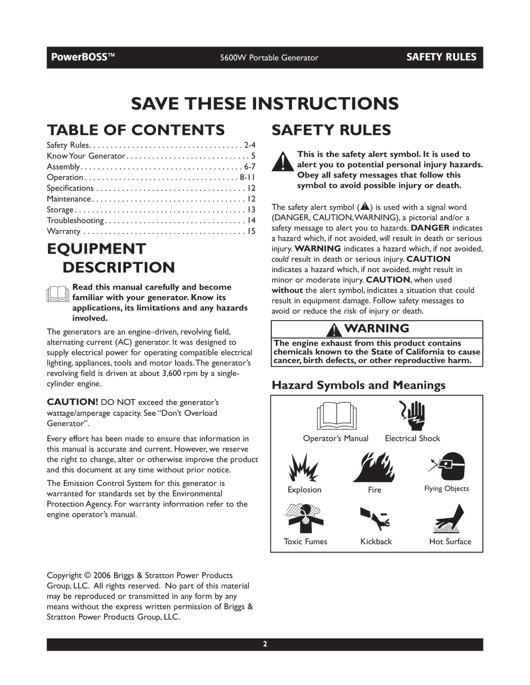 Briggs & Stratton 30230 manual Table of Contents, Equipment Description, Safety Rules 