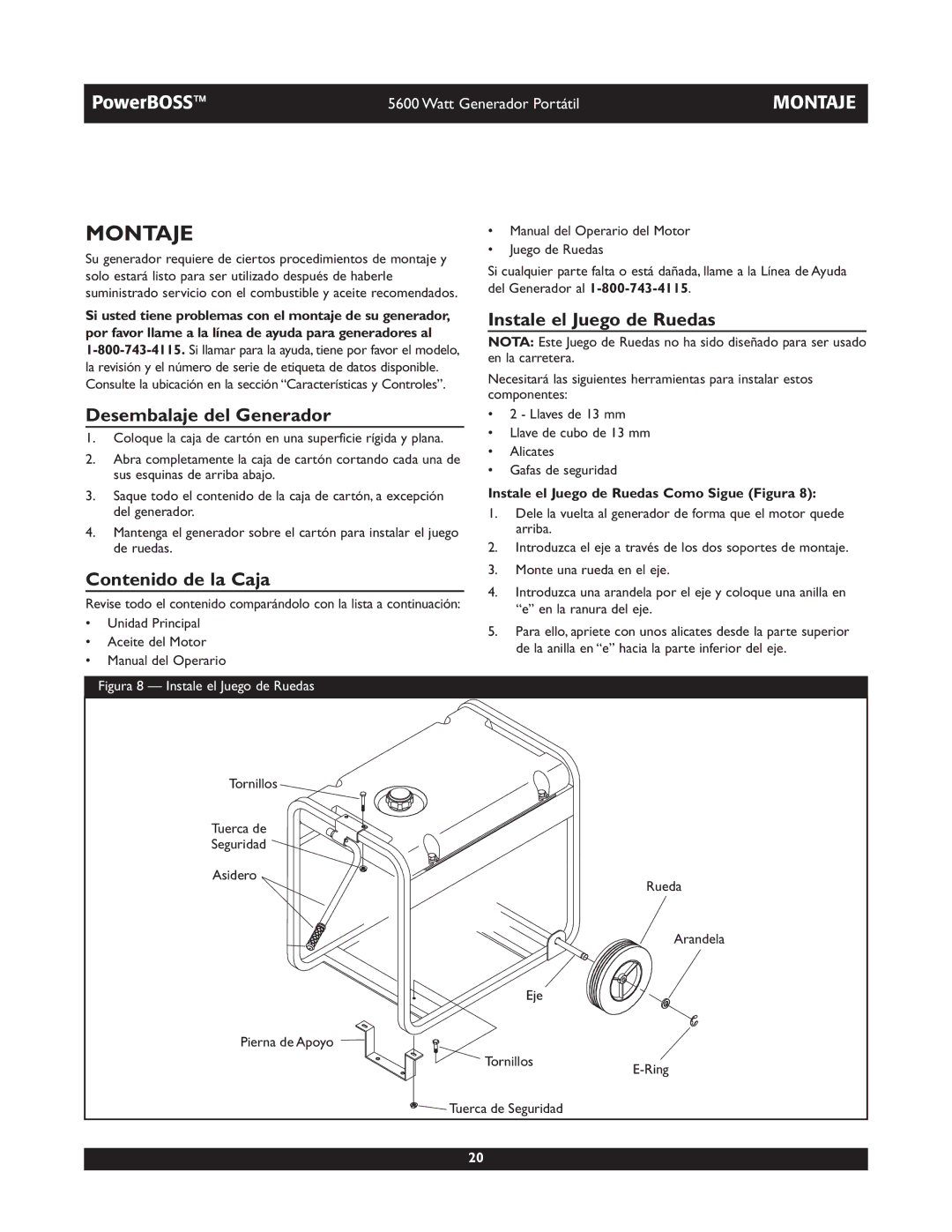 Briggs & Stratton 30230 manual Montaje, Desembalaje del Generador, Contenido de la Caja, Instale el Juego de Ruedas 