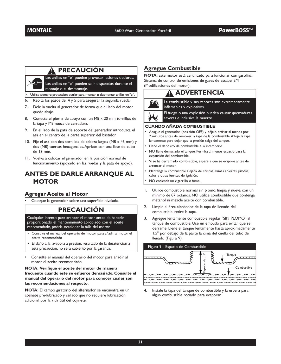 Briggs & Stratton 30230 manual Antes DE Darle Arranque AL Motor, Agregar Aceite al Motor, Agregue Combustible 