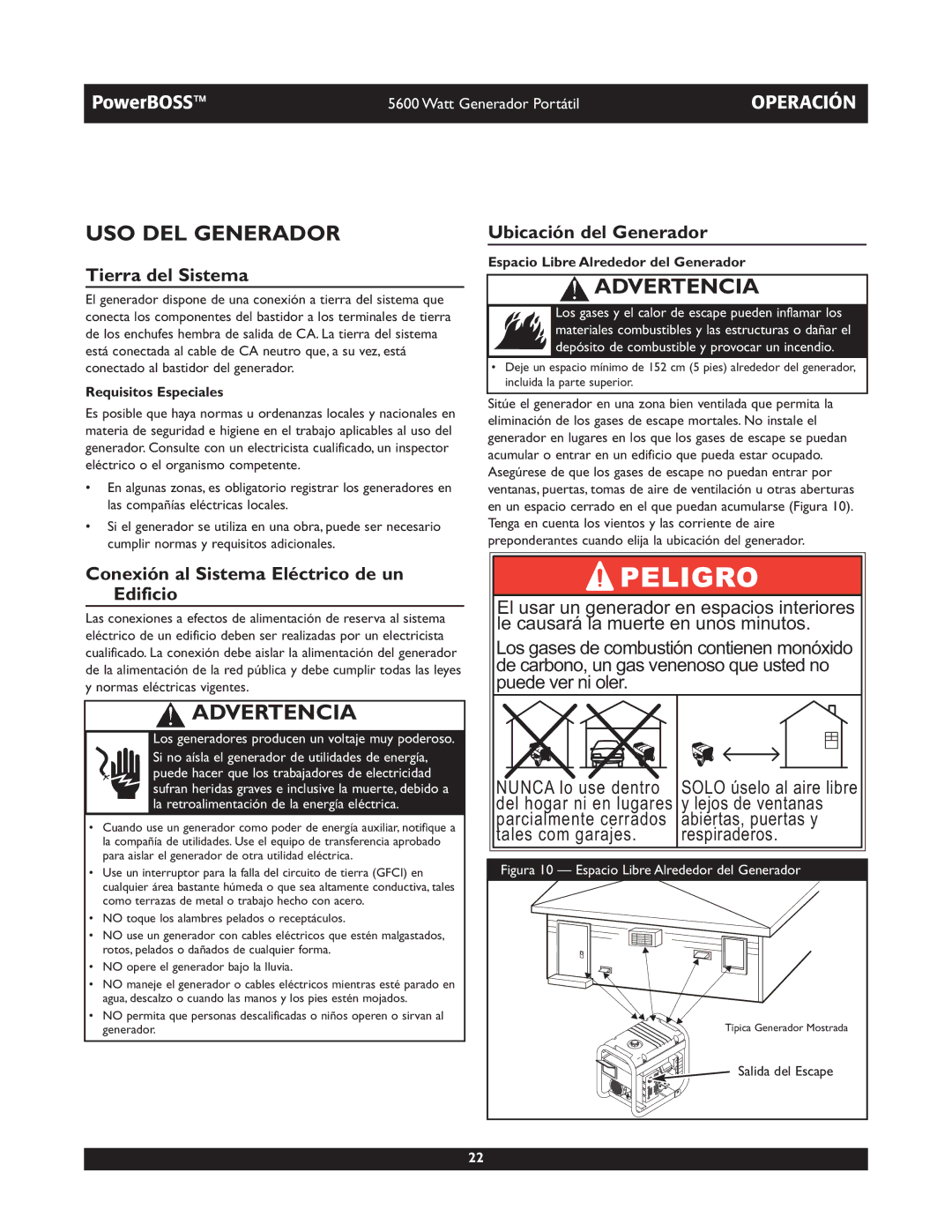 Briggs & Stratton 30230 manual USO DEL Generador, Tierra del Sistema, Ubicación del Generador 