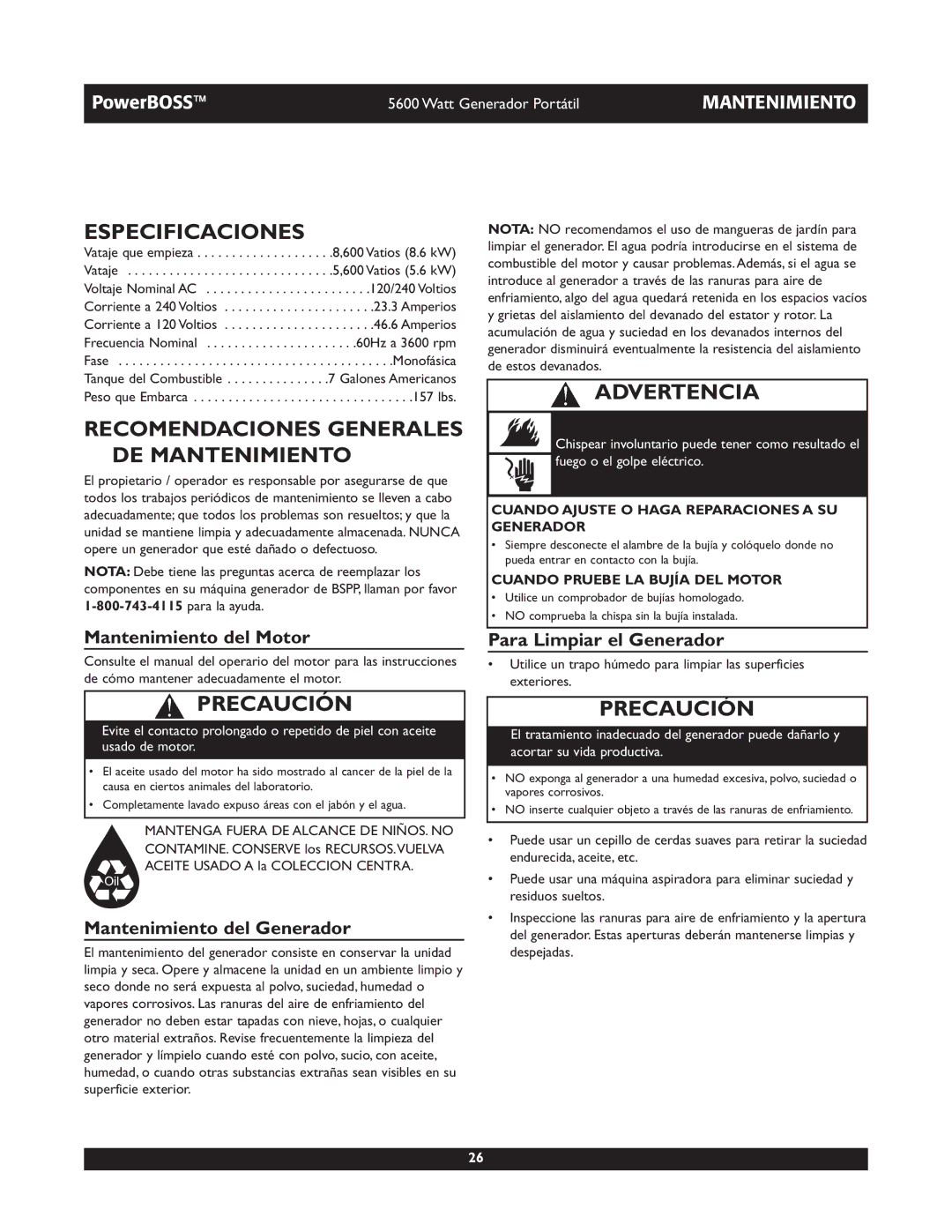 Briggs & Stratton 30230 manual Especificaciones, Recomendaciones Generales DE Mantenimiento, Mantenimiento del Motor 