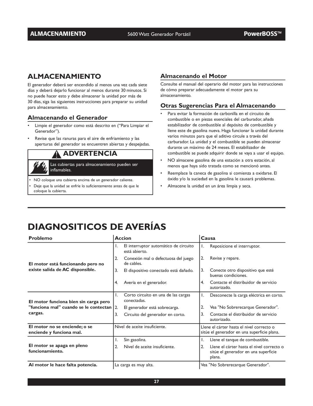 Briggs & Stratton 30230 manual Diagnositicos DE Averías, Almacenamiento, Almacenando el Generador, Almacenando el Motor 