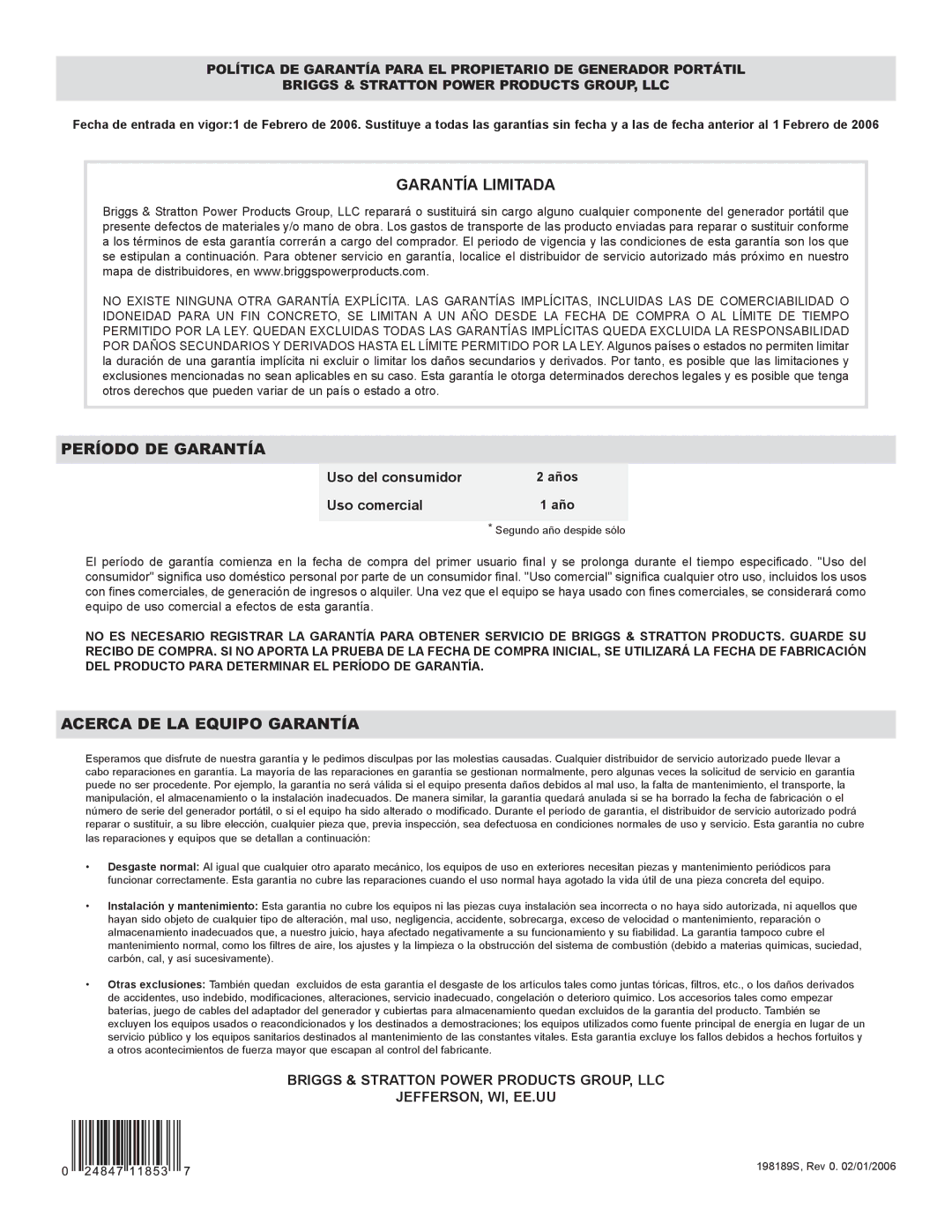 Briggs & Stratton 30230 manual Uso del consumidor, Uso comercial 