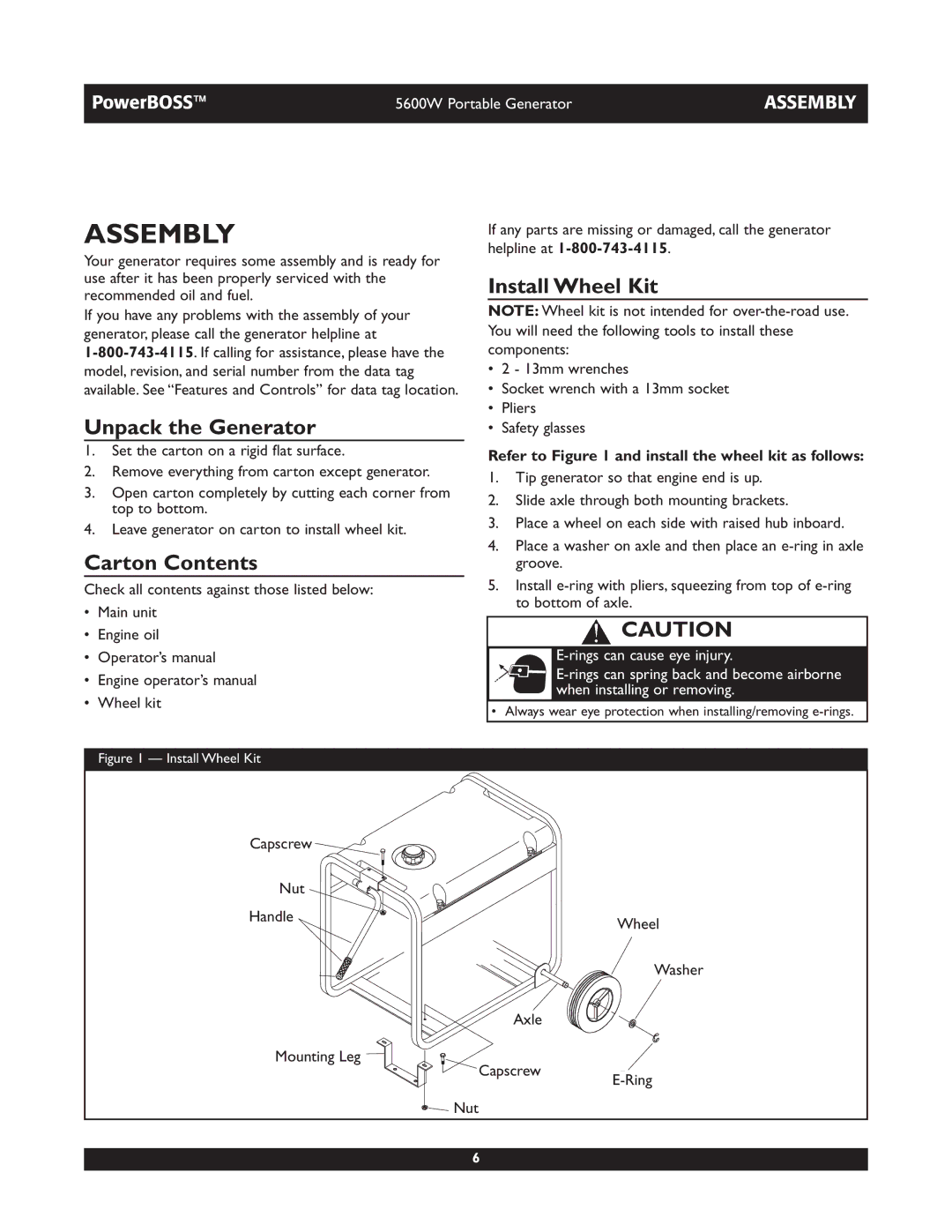 Briggs & Stratton 30230 manual Assembly, Unpack the Generator, Carton Contents, Install Wheel Kit 