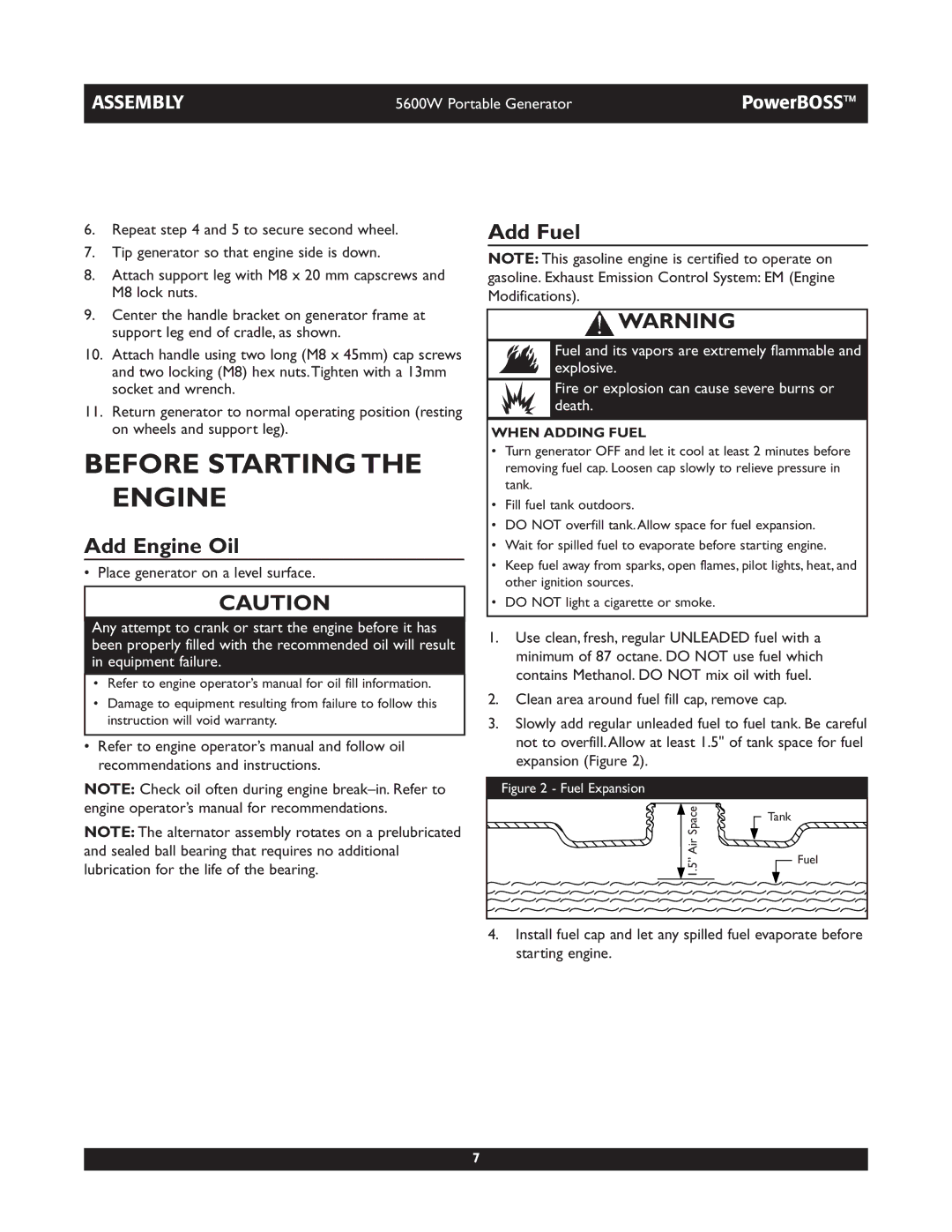 Briggs & Stratton 30230 manual Before Starting the Engine, Add Engine Oil, Add Fuel, When Adding Fuel 