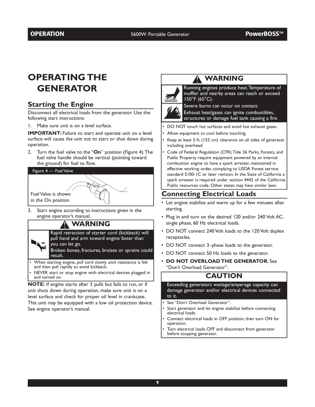 Briggs & Stratton 30230 manual Operating Generator, Starting the Engine, Connecting Electrical Loads 