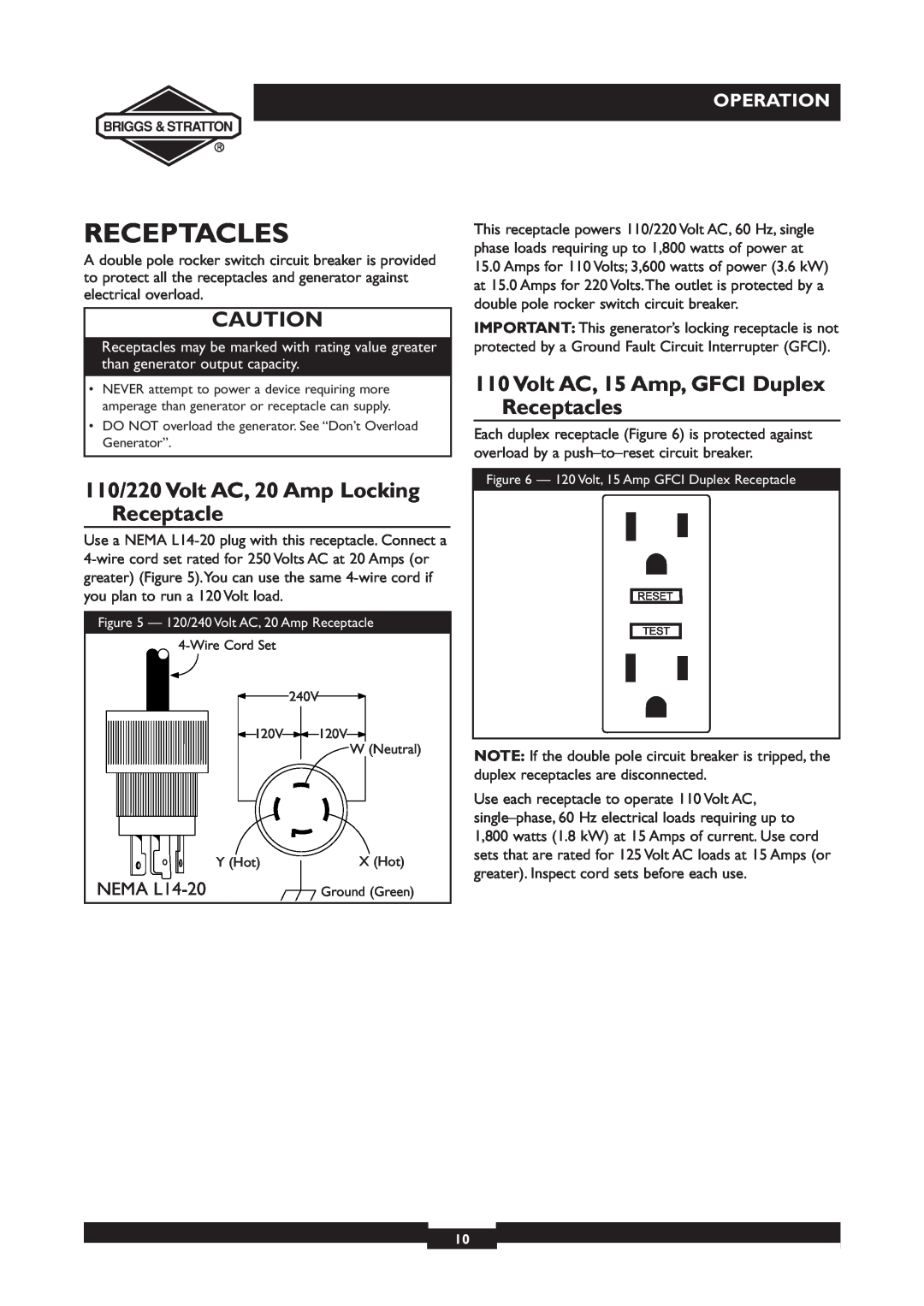 Briggs & Stratton 30231 manual 110/220 Volt AC, 20 Amp Locking Receptacle, Volt AC, 15 Amp, GFCI Duplex Receptacles 