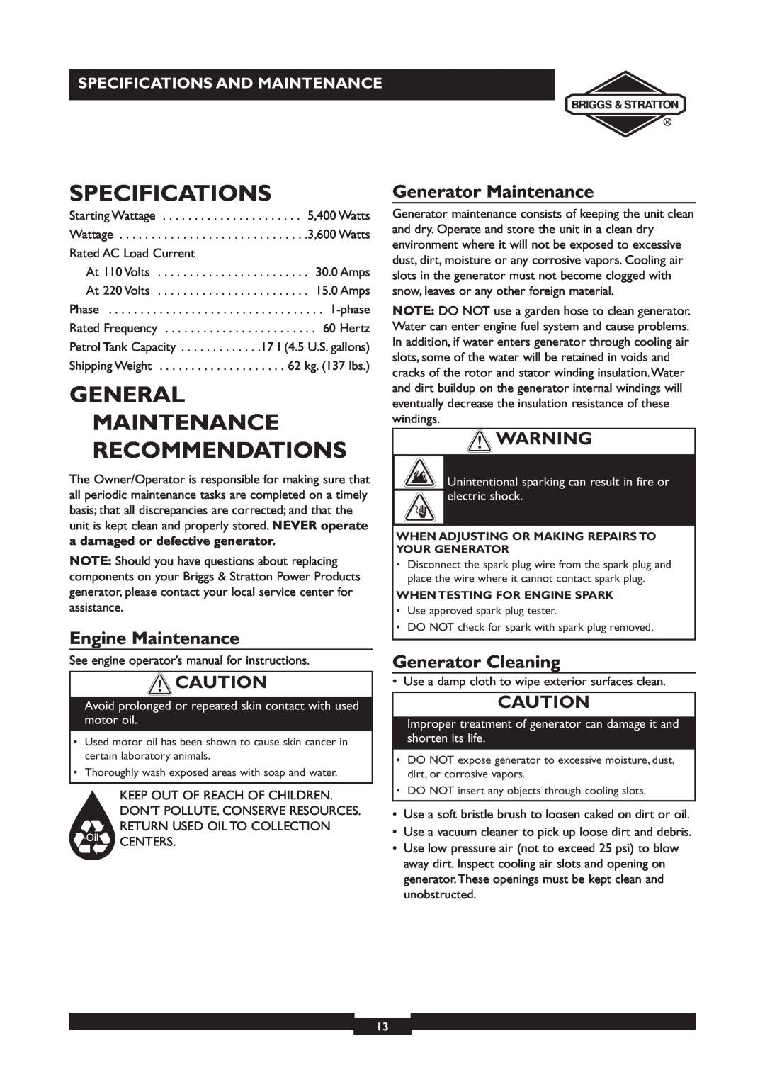 Briggs & Stratton 30231 Specifications, General Maintenance Recommendations, Engine Maintenance, Generator Maintenance 