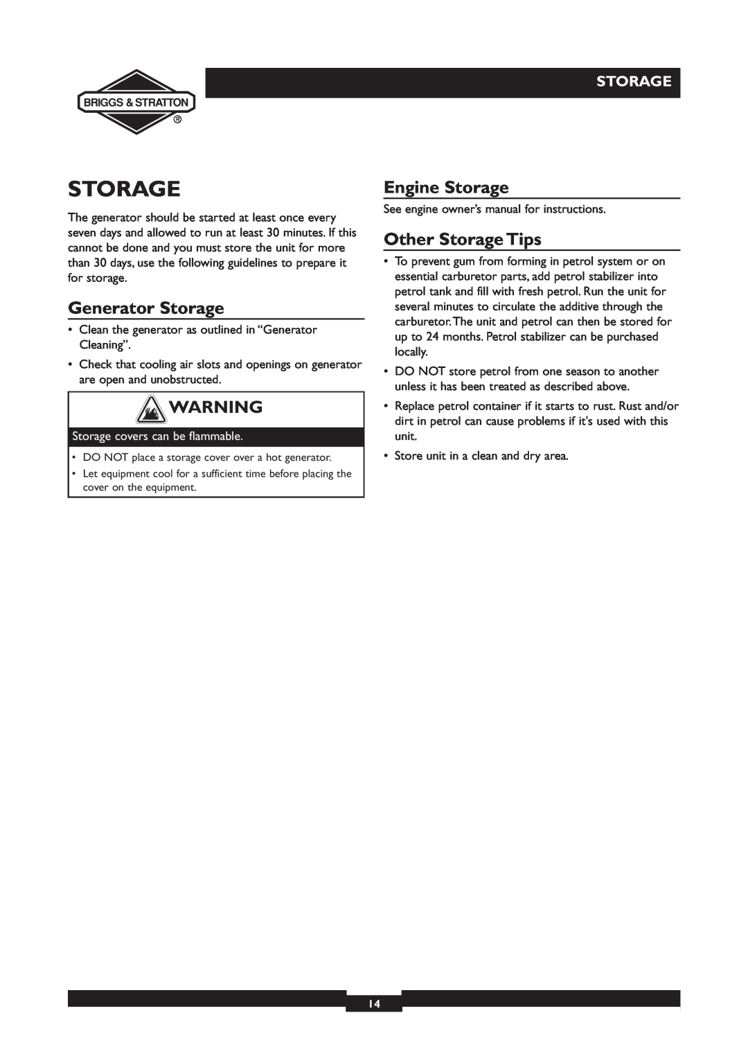 Briggs & Stratton 30231 manual Generator Storage, Engine Storage, Other Storage Tips 