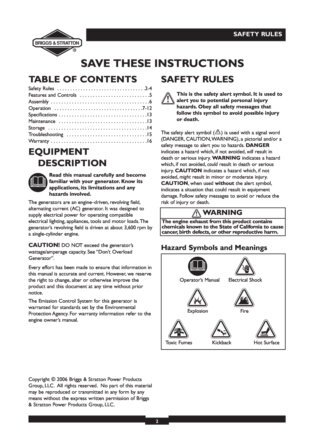 Briggs & Stratton 30231 manual Table Of Contents, Equipment Description, Safety Rules, Hazard Symbols and Meanings 