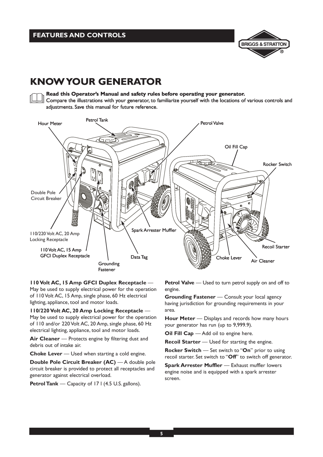 Briggs & Stratton 30231 manual Know Your Generator, Features And Controls 
