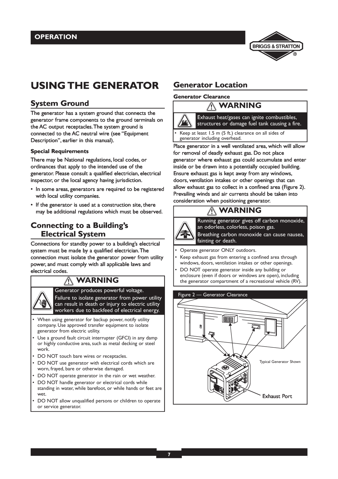 Briggs & Stratton 30231 manual Using The Generator, System Ground, Connecting to a Building’s Electrical System, Operation 