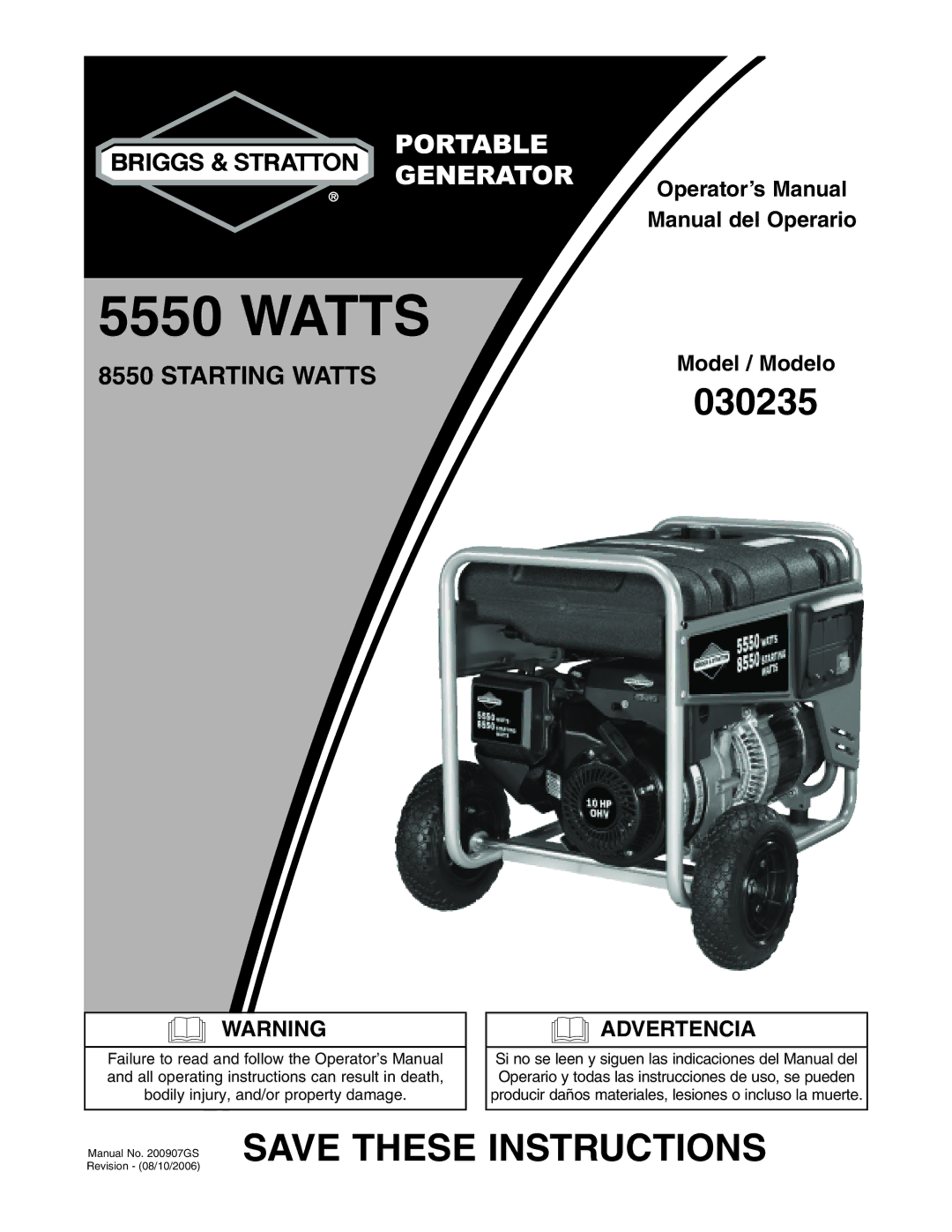 Briggs & Stratton 30235 operating instructions Watts 