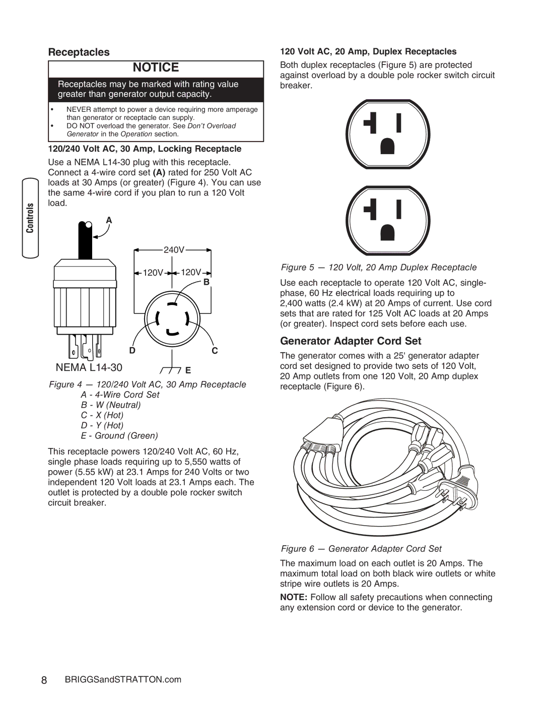 Briggs & Stratton 30235 Receptacles, Nema L14-30, Generator Adapter Cord Set, 120/240 Volt AC, 30 Amp, Locking Receptacle 